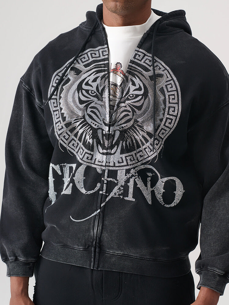 TCH Distressed Tiger Rhinestone Hoodie Jacket
