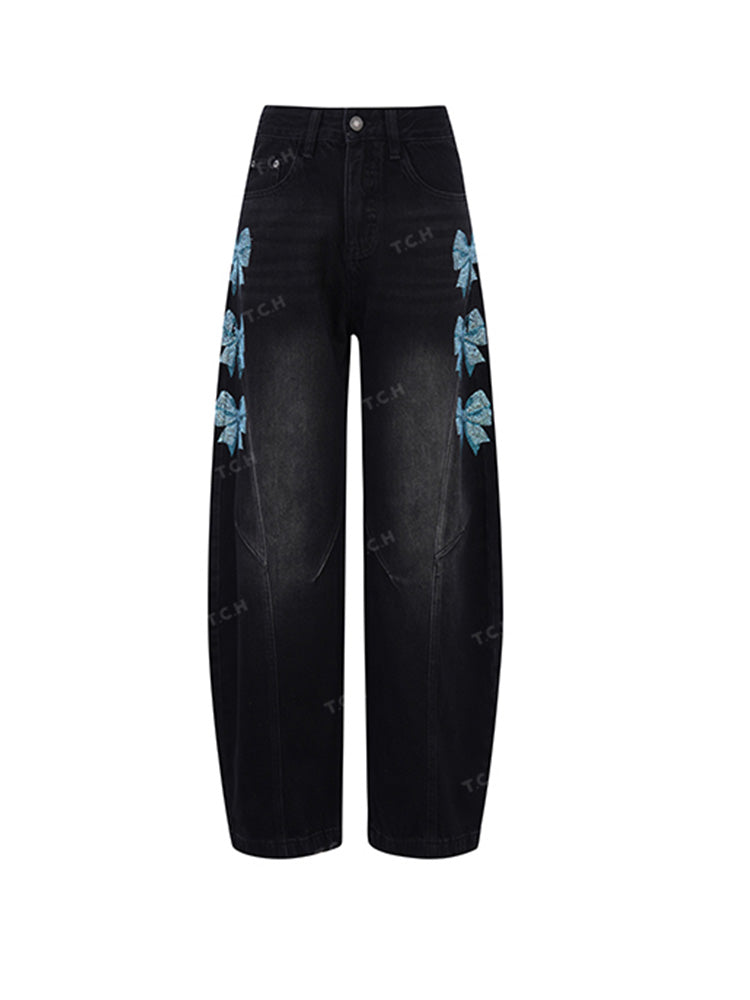 TCH Bow Print Rhinestone Wide Leg Jeans