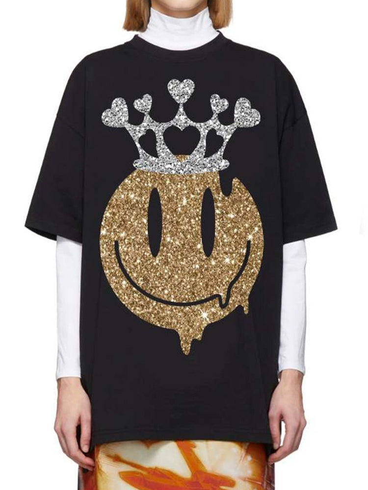 TCH Smile Crown Rhinestone Short Sleeve T-Shirt