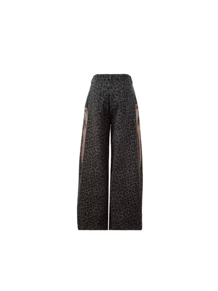 TCH Rhinestone Leopard Print High Waist Wide Leg Jeans