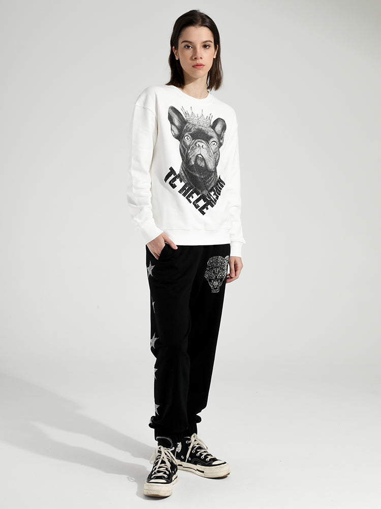 TCH Women's Rhinestone Dog White Sweatshirt