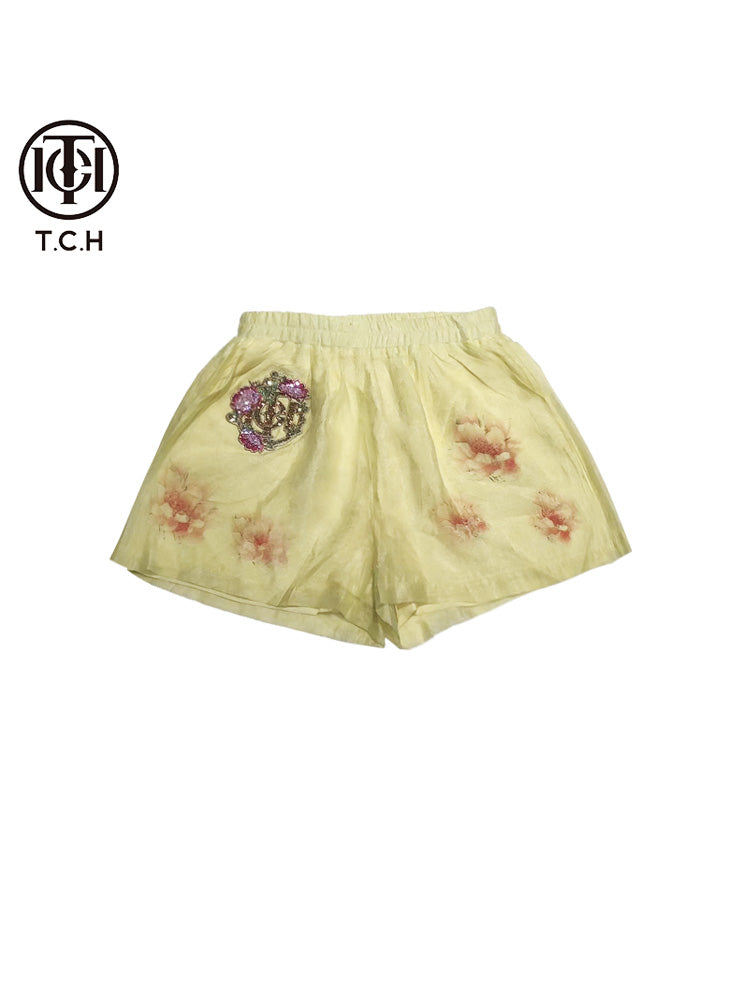 TCH 2 Piece Outfits Floral Print Rhinestone Short Sets