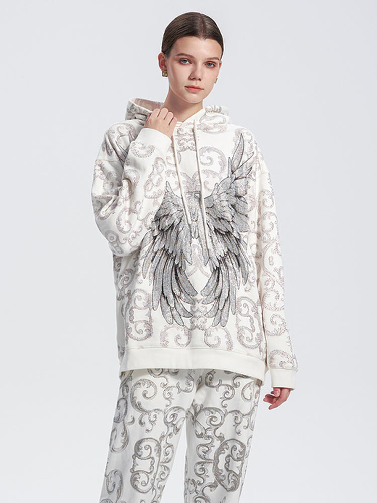 TCH Luxury 2 Pieces Allover Rhinestone Hoodie and Elastic Waist Pants