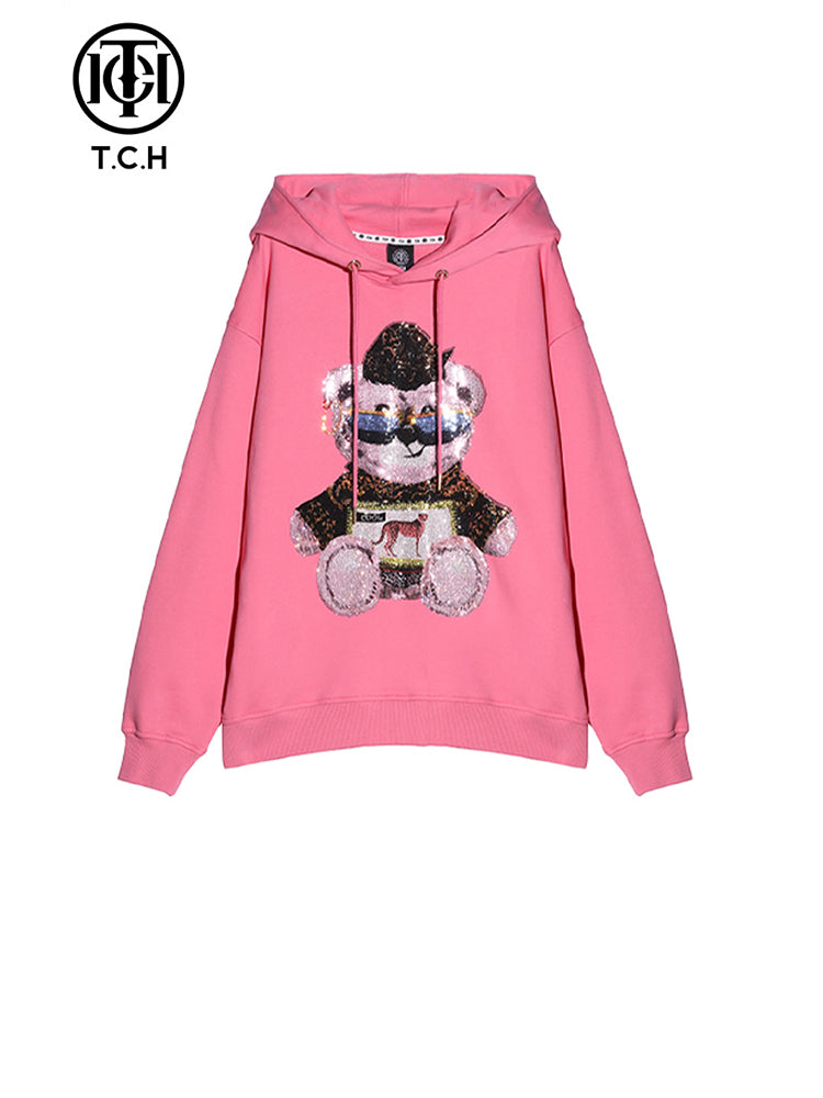 TCH Bear Rhinestone Long Sleeve Pink Hoodie