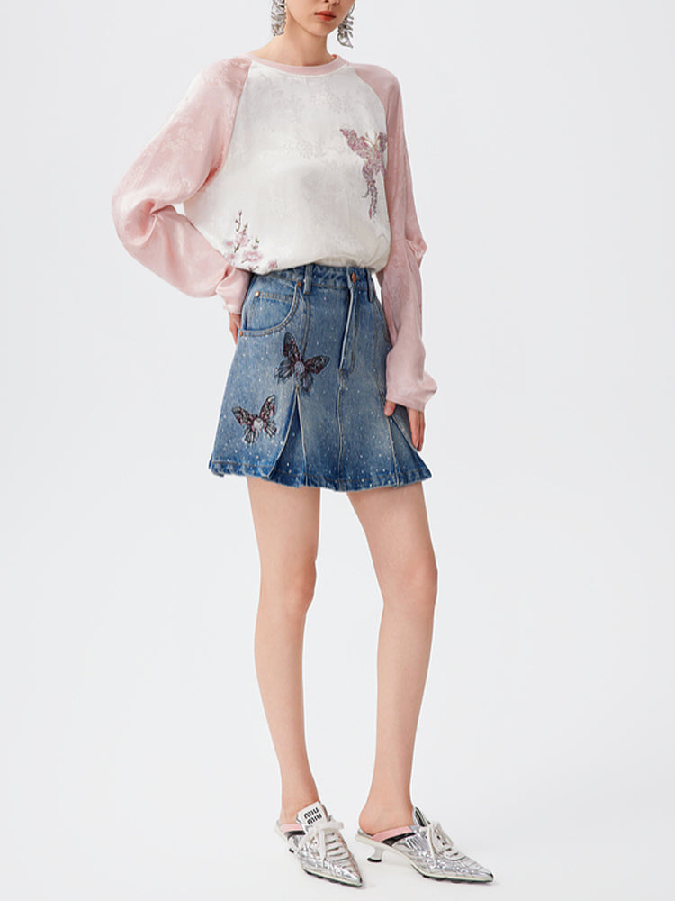 TCH Ruched Rhinestone Butterfly Denim Mini Skirt