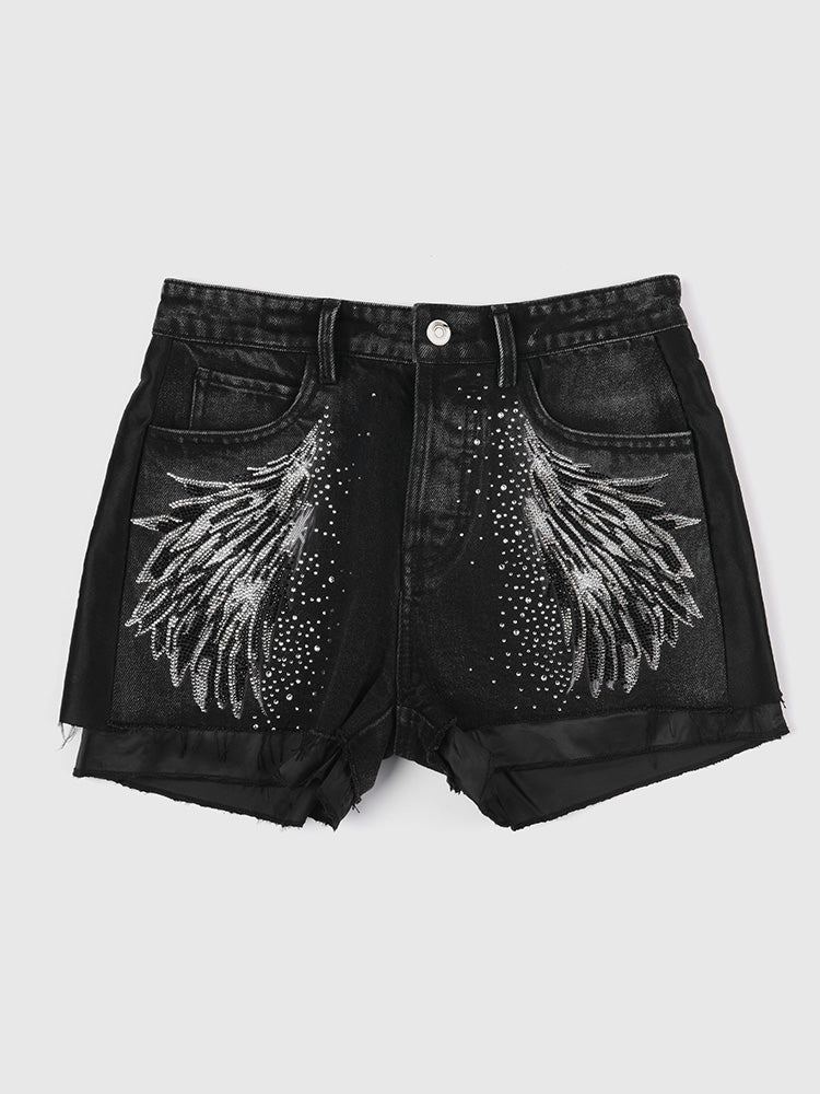 TCH Rhinestone Wings Design Denim Mini Shorts