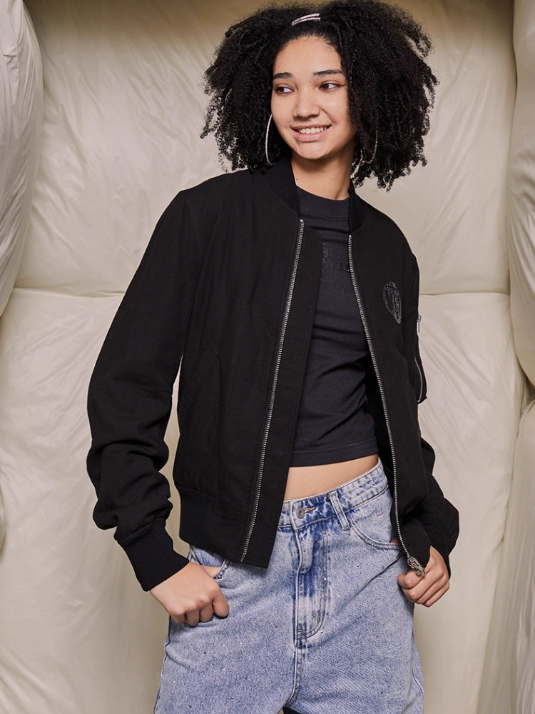 TCH Rhinestone Letter Zip Up Bomber Jacket