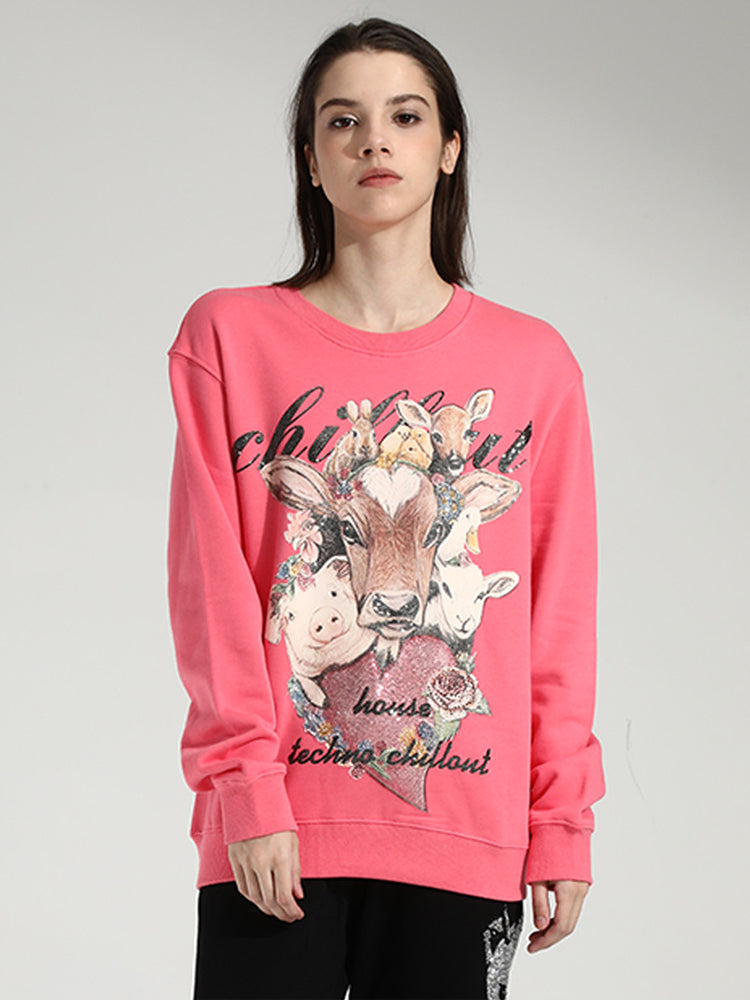 TCH Rhinestone Graphic Print Cotton Sweatshirt