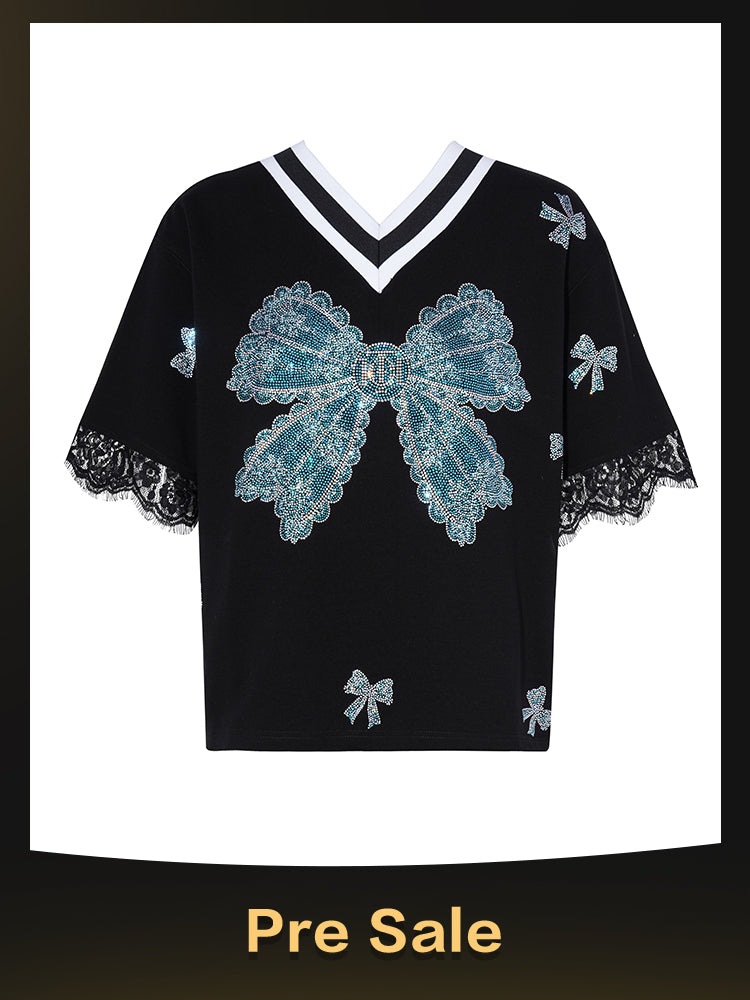 TCH Prasale Bow Rhinestone Lace Contrast Blouse