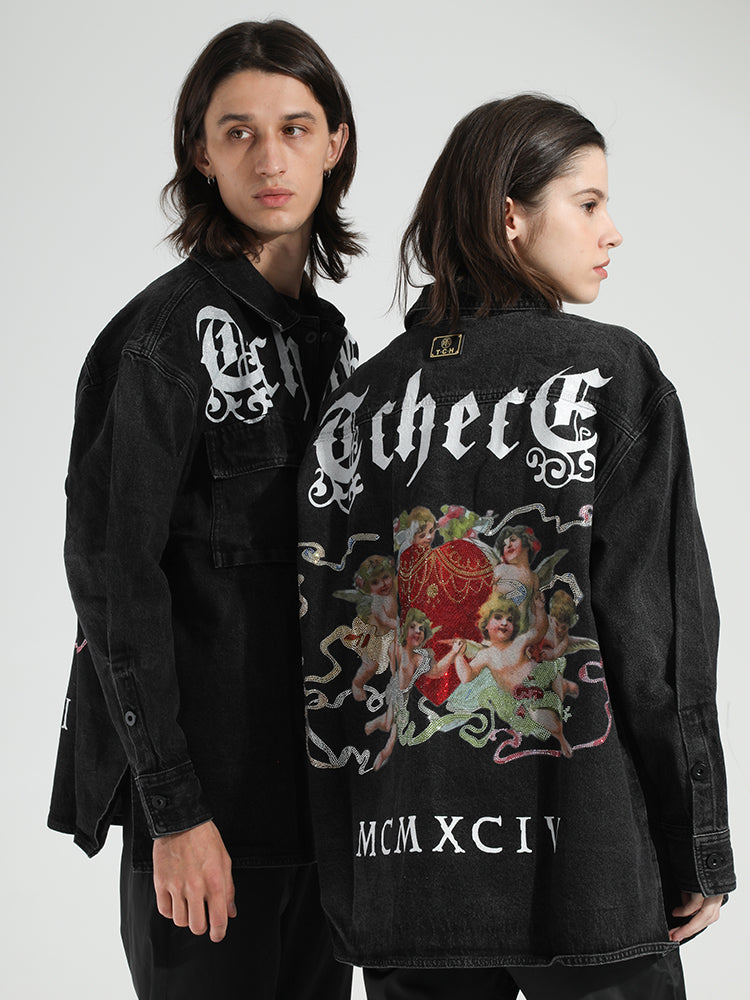 TCH Rhinestones Print Long Sleeve Denim Shirt