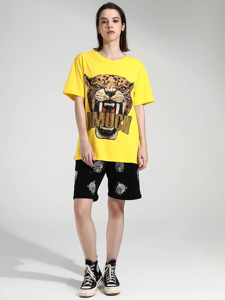 TCH Womens Roaring Leopard Rhinestone Short Sleeve T-Shirt