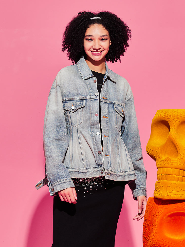 TCH Rhinestone Vintage Washed Denim Jacket