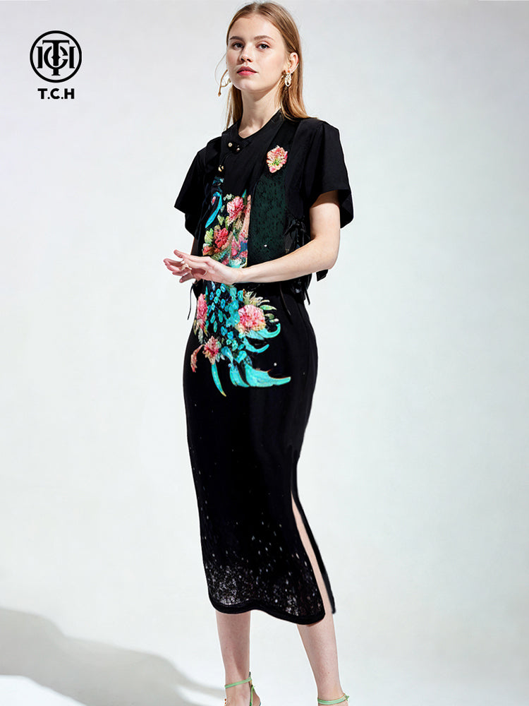 TCH Crystal-Embroidered Peacock Split Bodycon Dress