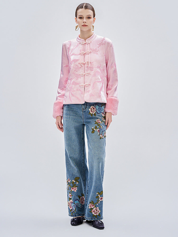 TCH Crystal Embroidered Floral Wide Leg Jeans