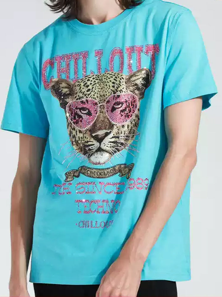 TCH Letter Cheetah Rhinestone Short Sleeve T-shirt