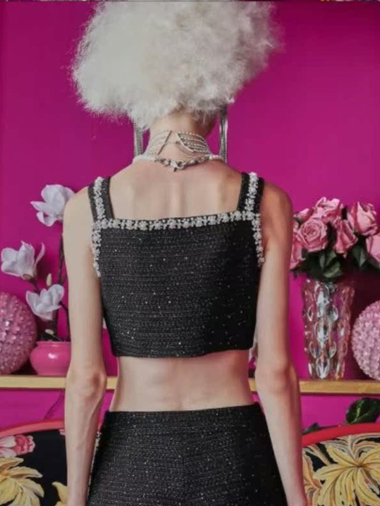 TCH Crystal Embellished Bling Tweed Crop Top
