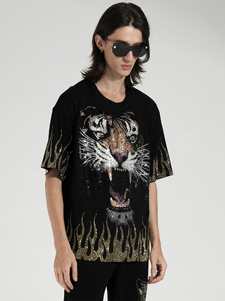 TCH Rhinestone Flaming Tiger Print T-shirt