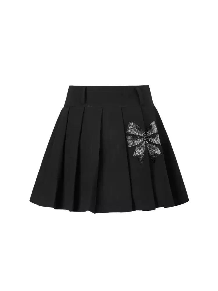 TCH Pre-Sale Rhinestone Bow High Waist Pleated Mini Skirt