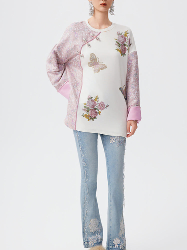 TCH Rhinestone Floral Embroidery Patchwork Satin Blouse