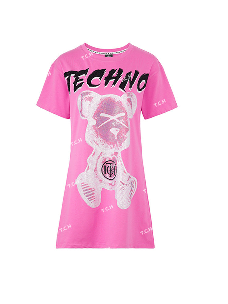 TCH Rhinestone Graphic Print Short Sleeve Casual T-Shirt Dress