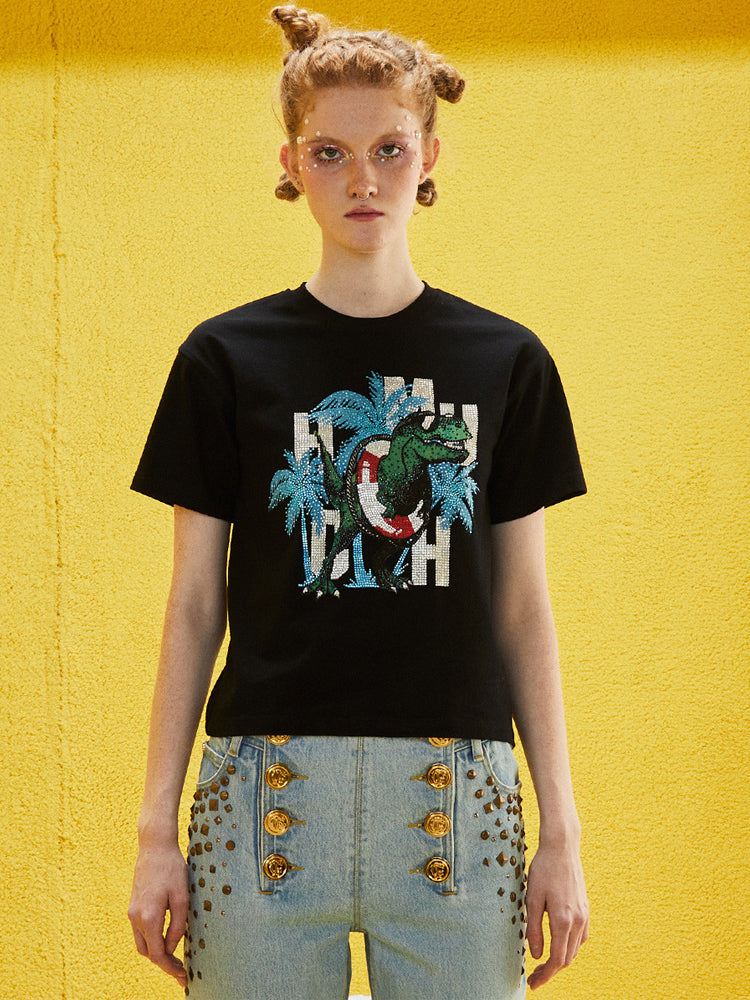 TCH Rhinestone Dinosaur Beach Cropped Tee Top