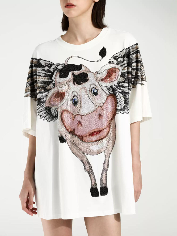 TCH Hot Diamond Wing Cow Print Loose T-shirt
