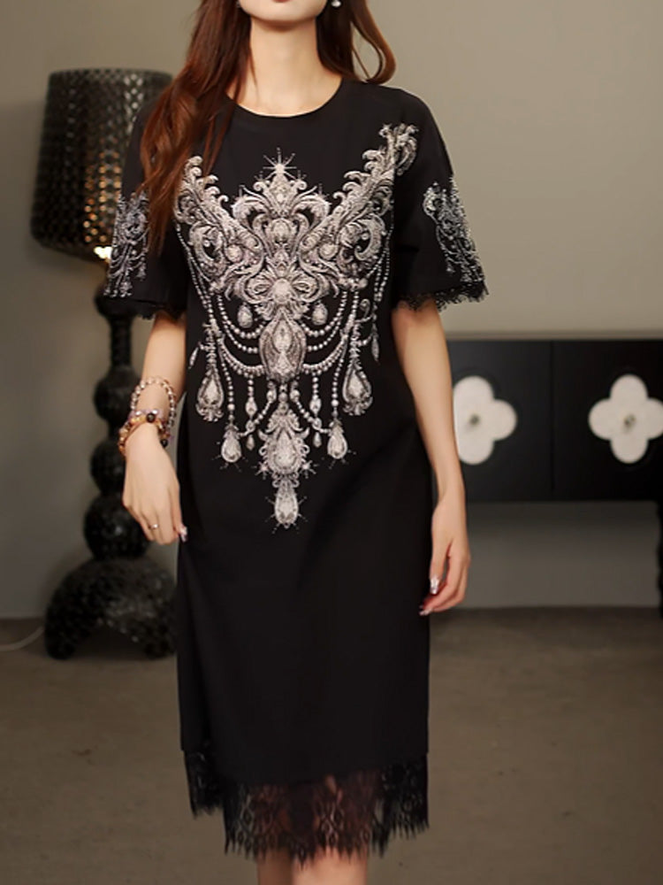 TCH Rhinestone Graphic Lace Contrast Midi Dress