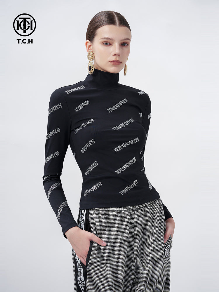 TCH Letter Rhinestone High Neck Long Sleeve Top