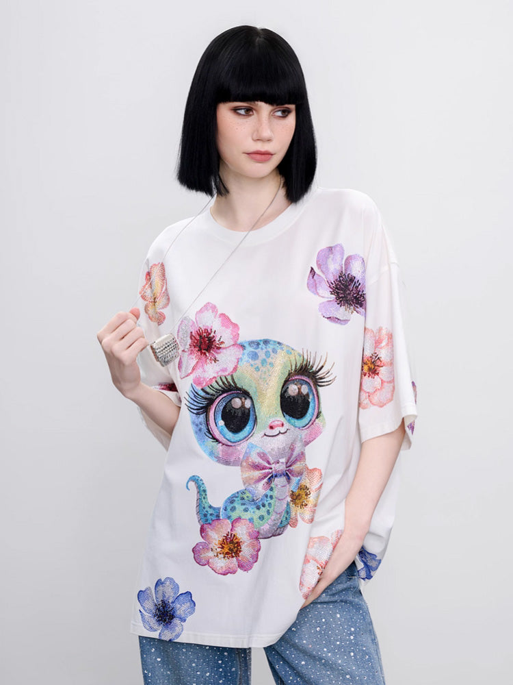 TCH Rhinestone Floral & Dragon Oversized T-Shirt