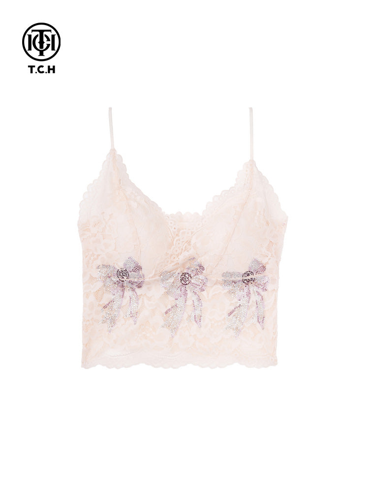 TCH Rhinestone Bow Floral Lace Padded Bandeau Bra Cami