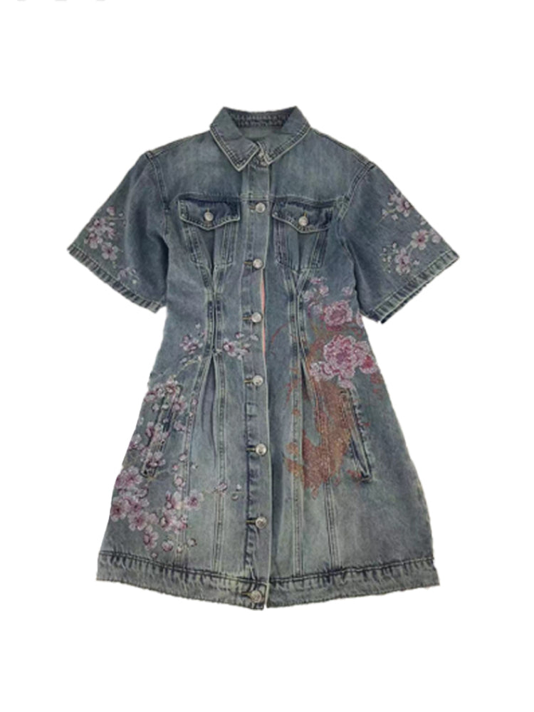 TCH Crystal-Embroidered Flower Denim Short Dress