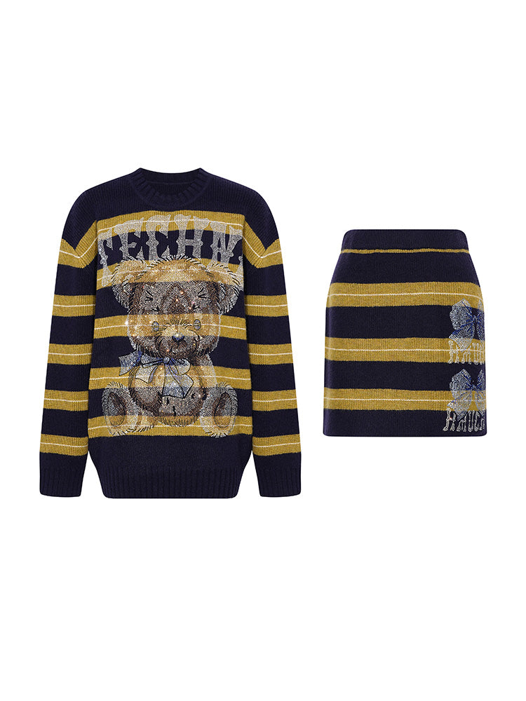 TCH 2 Piece Rhinestone Sparkle Teddy Striped Knit Skirt Set