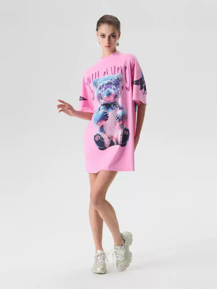 TCH Rhinestone Teddy Bear Oversized T-shirt with Wings Desgin