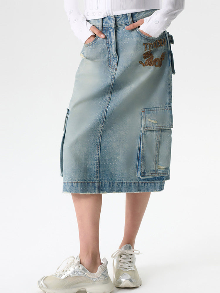 TCH Rhinestone Letter Print High Waist Denim Skirt with Pockets