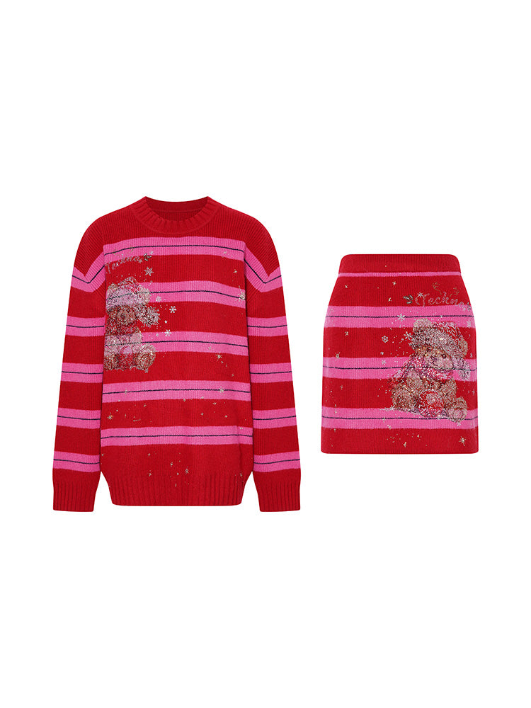 TCH 2 Piece Striped Rhinestone Graphic Knit Skirt Set