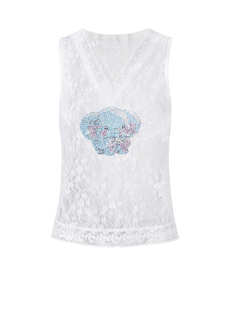 TCH Eephant Rhinestone Floral Lace Vest