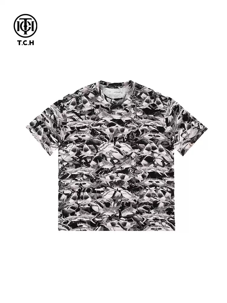 TCH Allover Rhinestone Shark Hawaiian T-Shirt