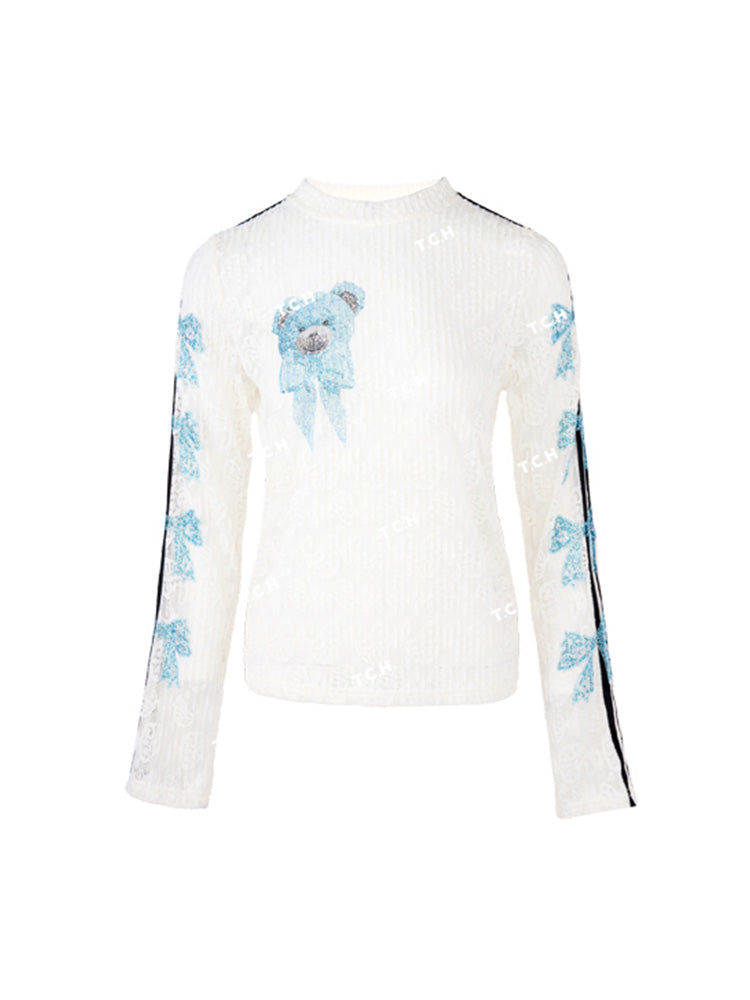 TCH Cute Bear Bow Rhinestone Lace Fitting Blouse