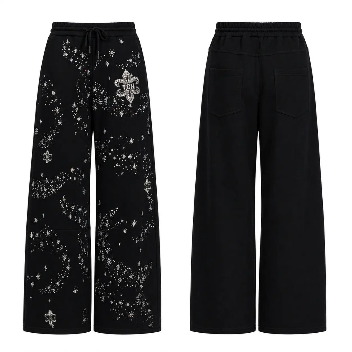 TCH Rhinestone Fleur-de-Lis Starburst Wide-Leg Sweatpants