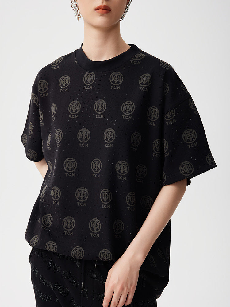 TCH Rhinestone Allover Logo T Shirt in Black