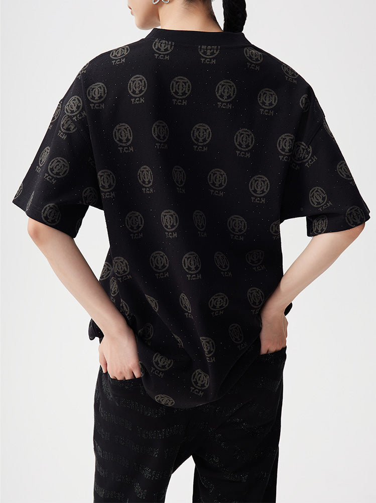 TCH Rhinestone Allover Logo T Shirt in Black