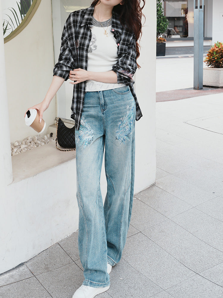 TCH Presale Wings Graphic Rhinestone  Workwear Jeans