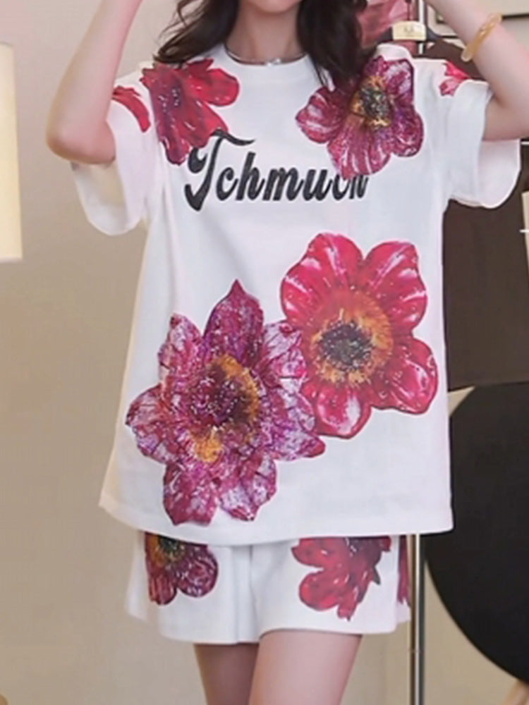 TCH Rhinestone Flower Print Sparkle 2Pcs Shorts Set
