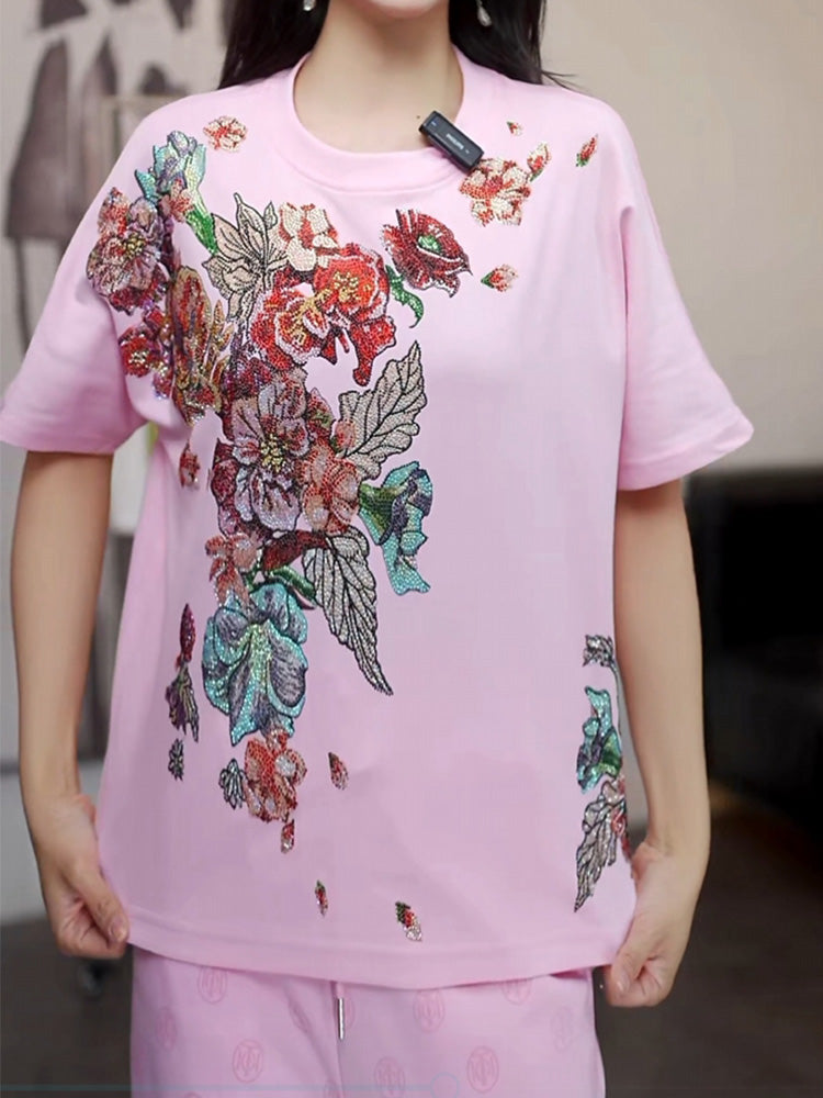 TCH Floral Print Rhinestone Cotton Vintage T-shirt