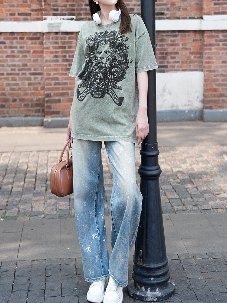 TCH Punk Lion Rhinestone Graphic Vintage Washed T-Shirt