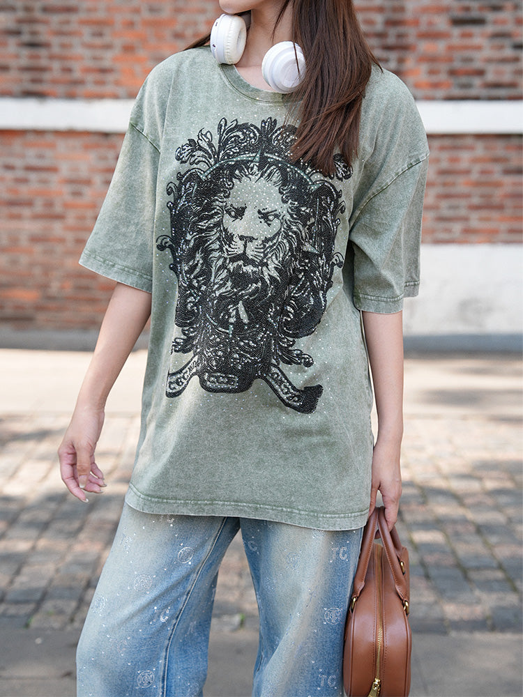 TCH Punk Lion Rhinestone Graphic Vintage Washed T-Shirt