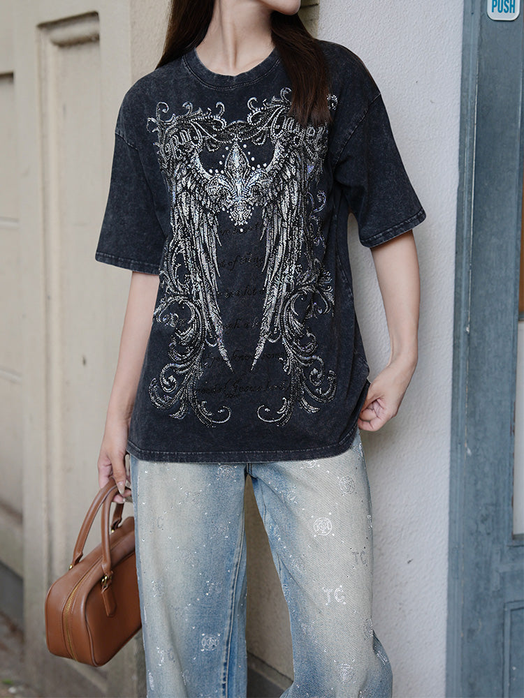 TCH Punk Wings Rhinestone Graphic Vintage Washed T-Shirt