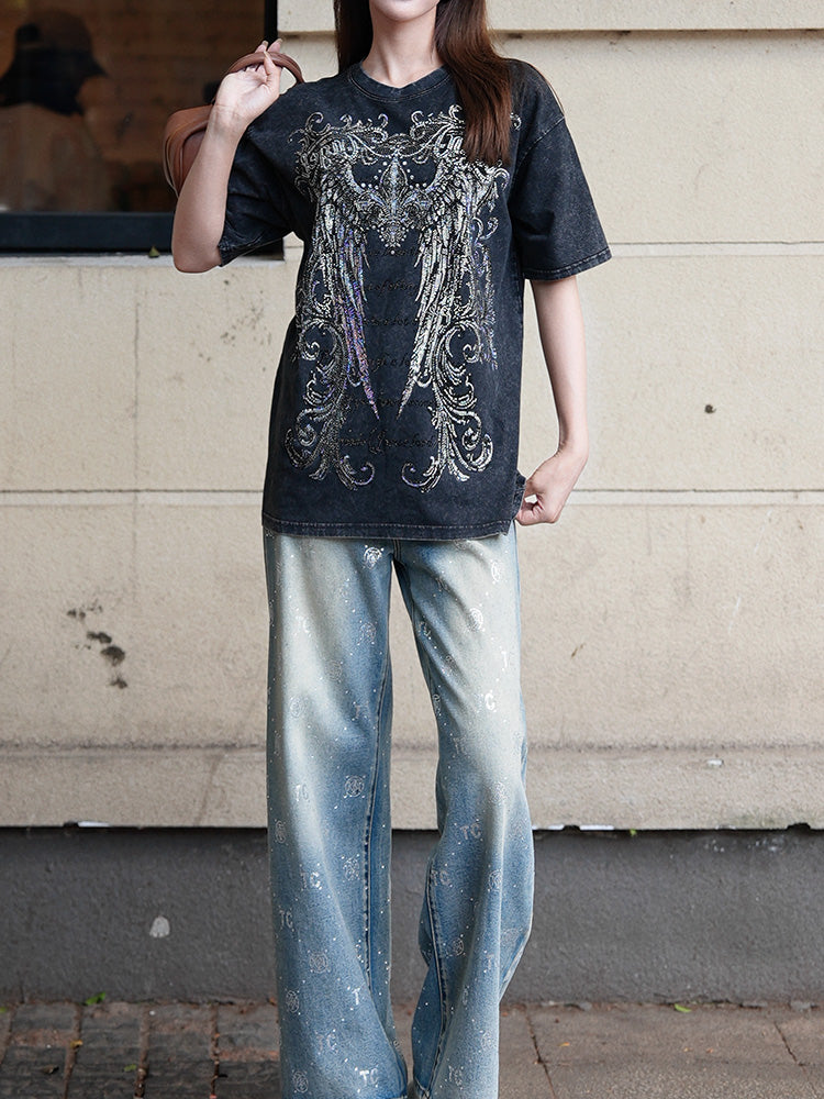 TCH Punk Wings Rhinestone Graphic Vintage Washed T-Shirt