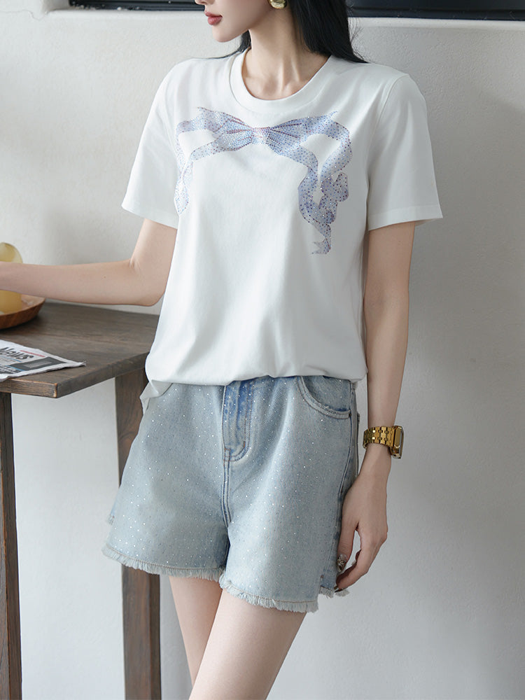 TCH Bow Rhinestone Cotton Short Sleeve Tee
