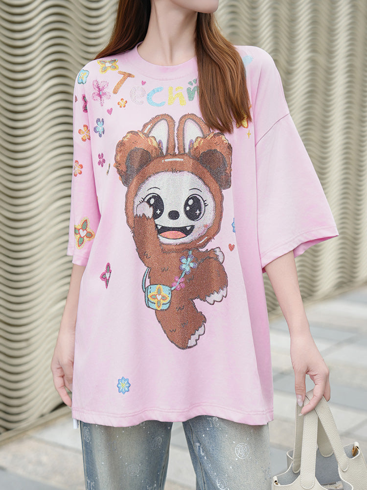 TCH Labubu Rhinestone Pink Bow Oversized Tee